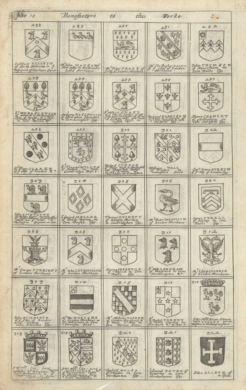 Family coats of arms of benefactors to Blome's Britannia. Folio 10 #288-322 1673